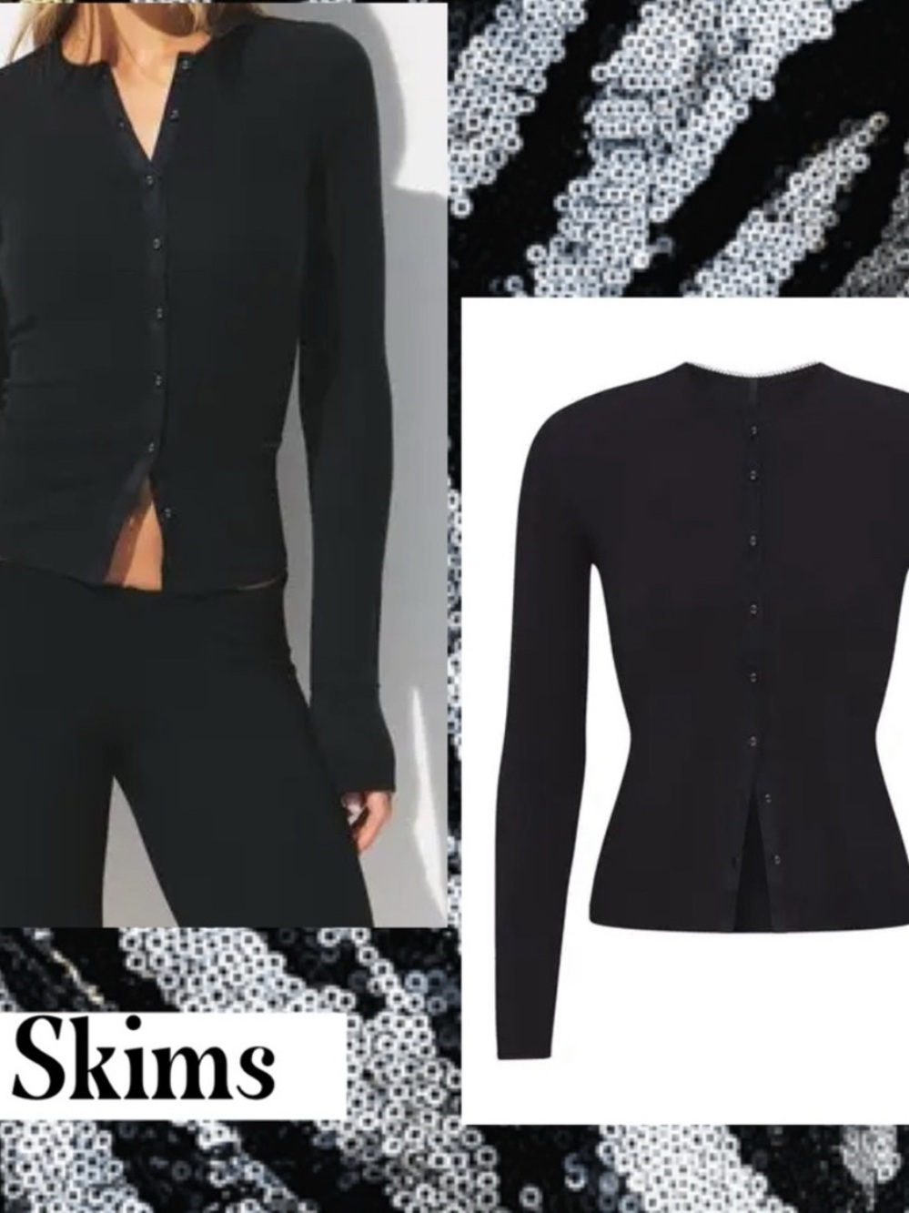 SKIMS Black Long-Sleeve Snap-Front Ribbed Top